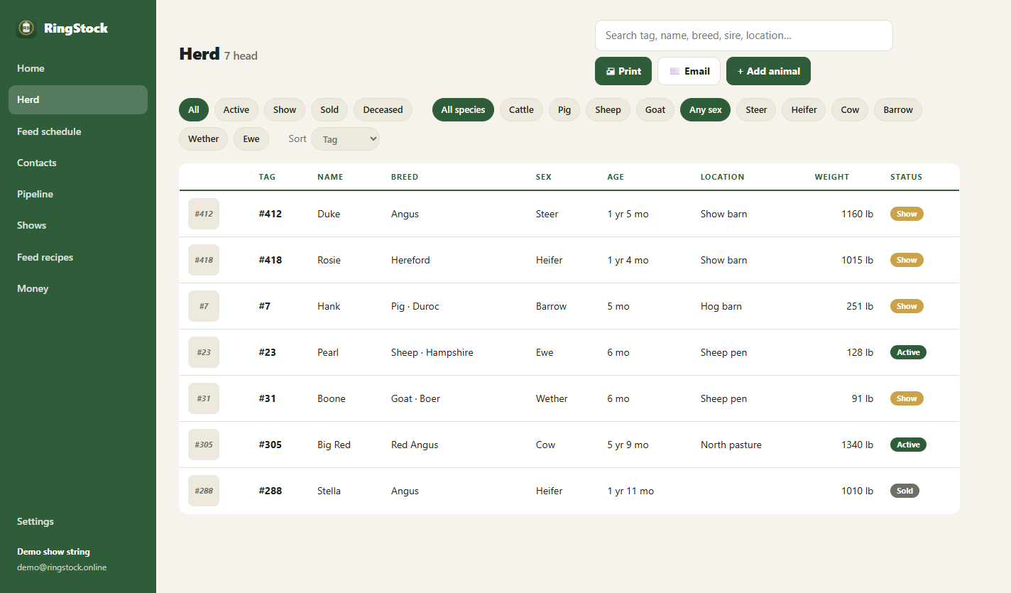 The herd list with species filters and status