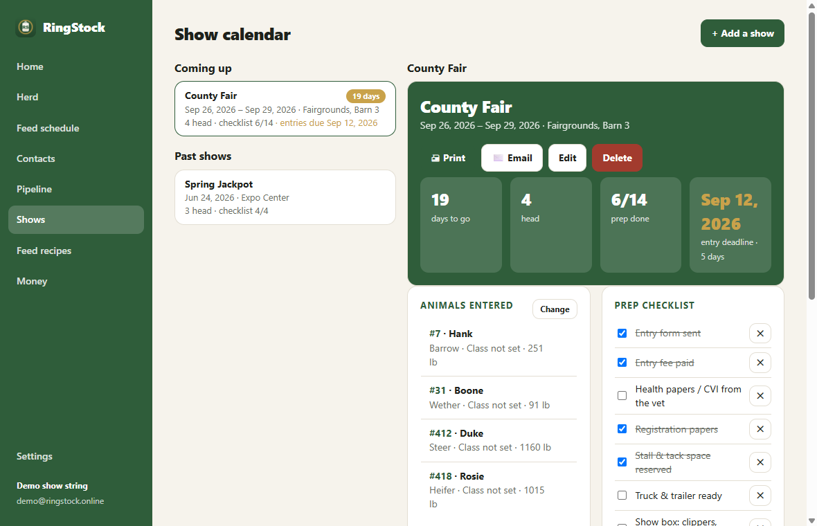 RingStock show calendar: County Fair in 19 days, animals entered, and the prep checklist